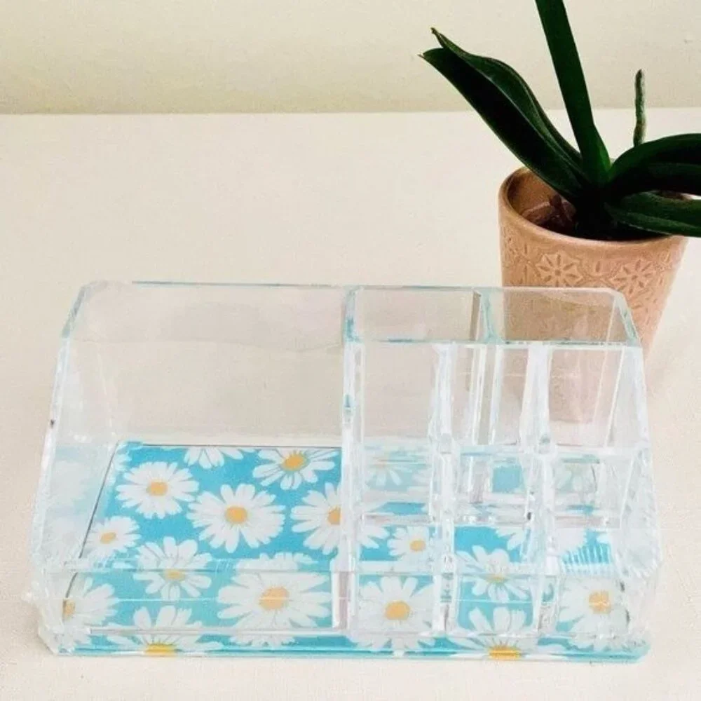Sorbus Mini Makeup Organizer with 9 Slots Clear w/ Daisy Print Bottom Desk Dorm